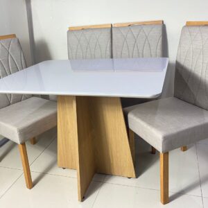 Mesa Narnia  90x90 Tampo Malaga MDF/Vidro Base Decor com 4 cadeiras