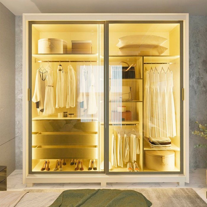 Guarda Roupa Platinum 2 Portas Vidro Reflecta com Pes e LED Off White Gelius