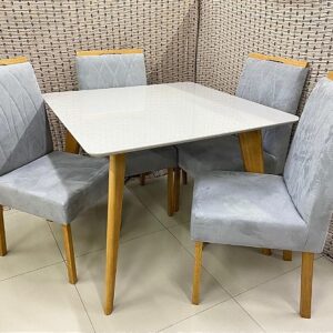 Mesa Jade Slim 100x100 Tampo Malaga MDF.Vdr e Base Slim com 4 cadeiras